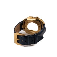 Apple Watch 4 44 mm uyumlu Modifikasyon Kiti Hublot Tasarım Paslanmaz Çelik Kasa & Deri Kordon Lacivert - Gold