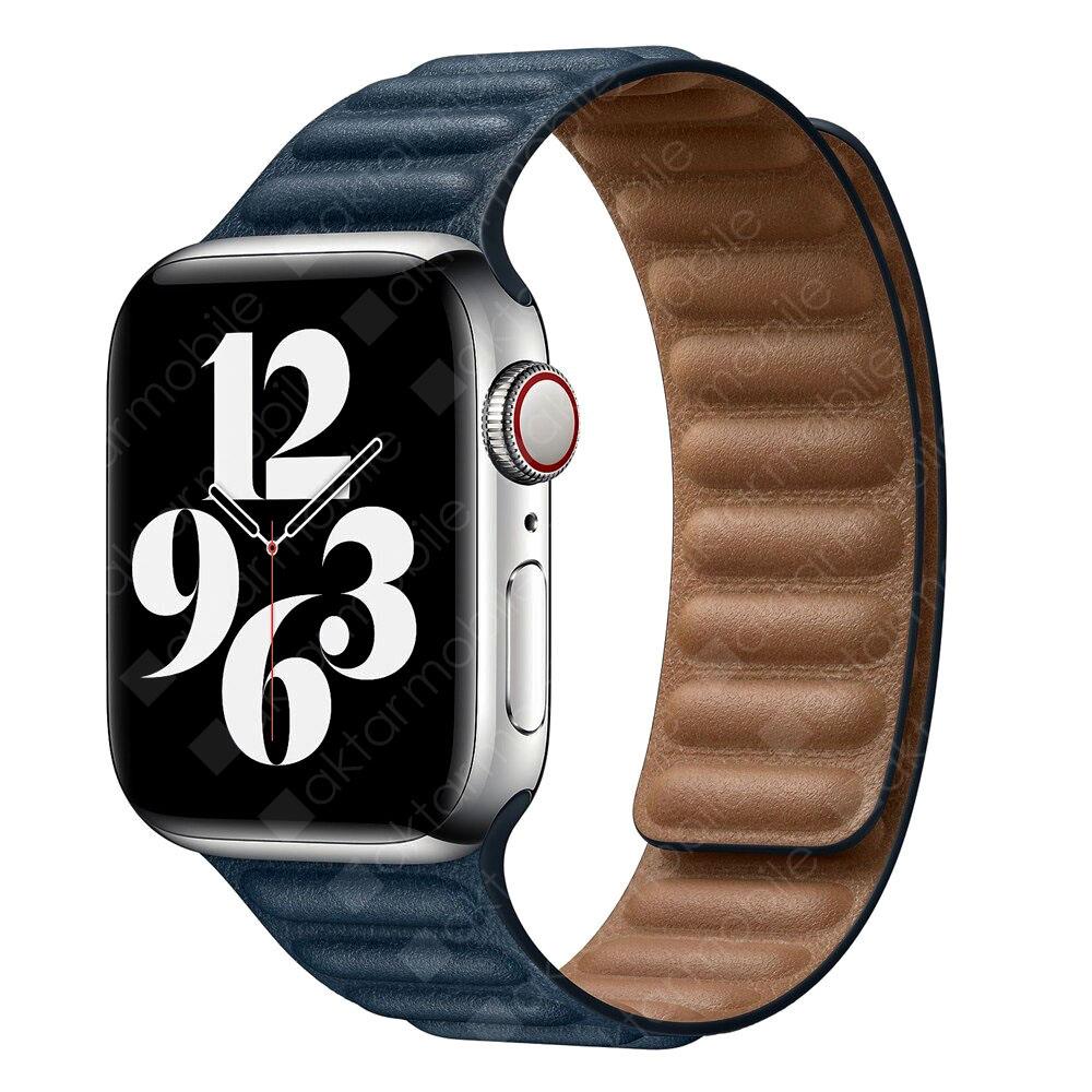 Apple Watch 7 6 SE 5 4 3 2 1 - 38 / 40 / 41 mm uyumlu Baklalı Model Deri Kayış Mıknatıslı Kordon Lacivert