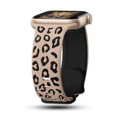 Apple Watch 10 46 mm Uyumlu Silikon Kordon Leopar Desenli Renkli Tasarım Kayış Bej - Siyah