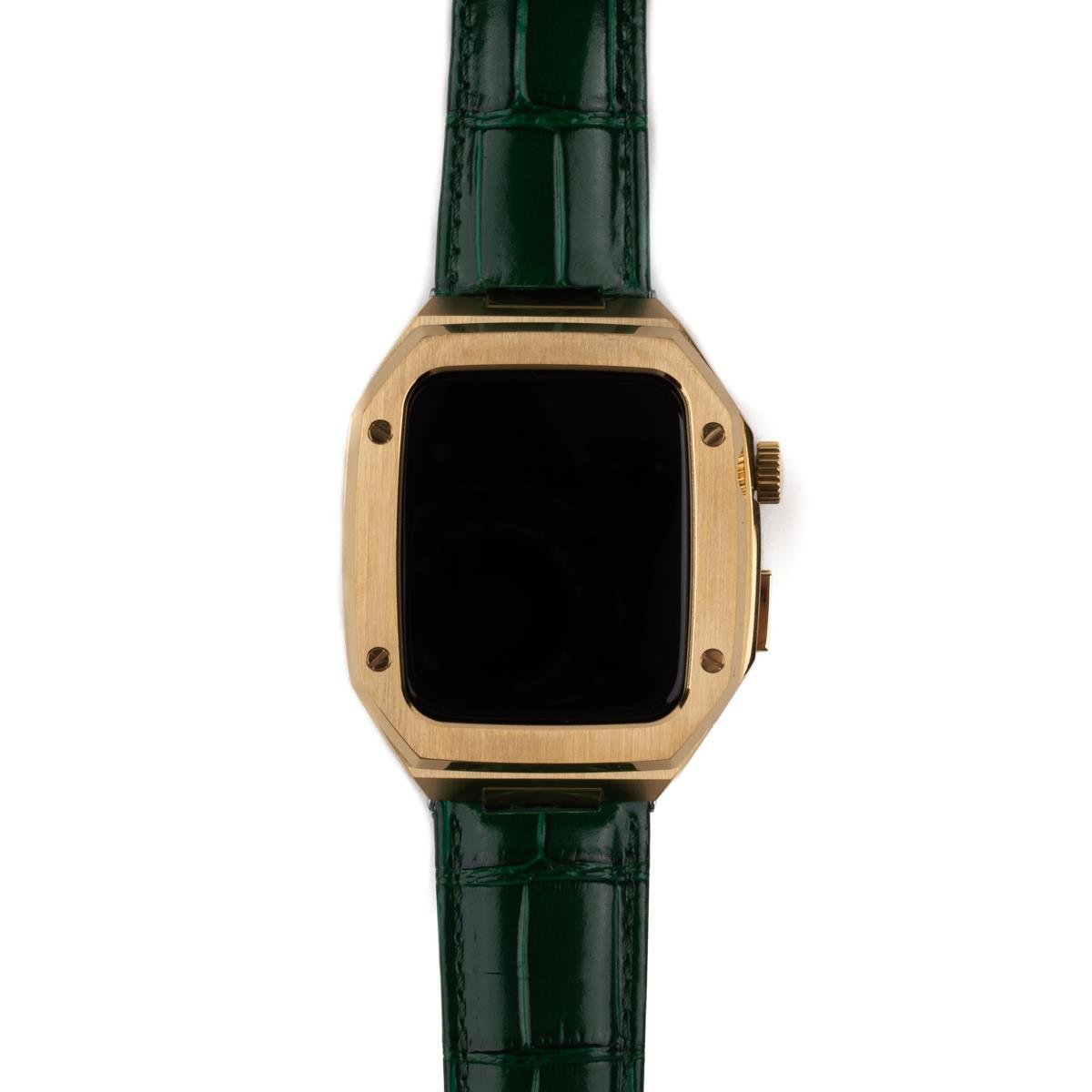 Apple Watch 4 44 mm uyumlu Modifikasyon Kiti Hublot Tasarım Paslanmaz Çelik Kasa & Deri Kordon Yeşil - Gold