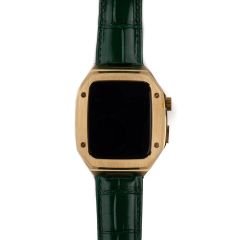 Apple Watch 4 44 mm uyumlu Modifikasyon Kiti Hublot Tasarım Paslanmaz Çelik Kasa & Deri Kordon Yeşil - Gold