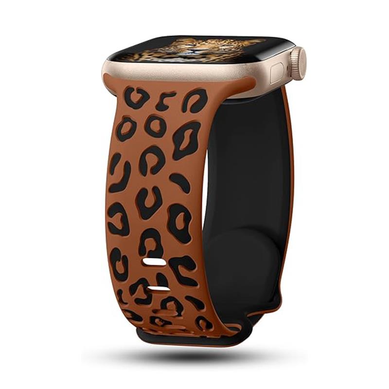 Apple Watch 10 46 mm Uyumlu Silikon Kordon Leopar Desenli Renkli Tasarım Kayış Kahverengi - Siyah