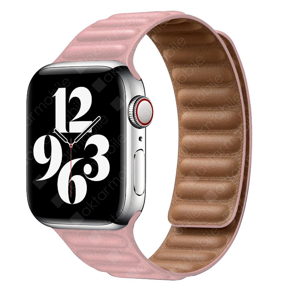 Apple Watch 7 6 SE 5 4 3 2 1 - 38 / 40 / 41 mm uyumlu Baklalı Model Deri Kayış Mıknatıslı Kordon Pembe