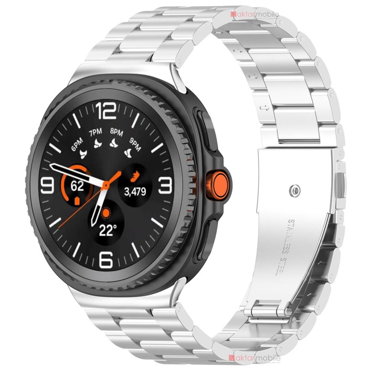Galaxy Watch Classic 46 mm Uyumlu Metal Kordon Premium Paslanmaz Çelik Kayış Baklalı Model Özel Pim Gümüş