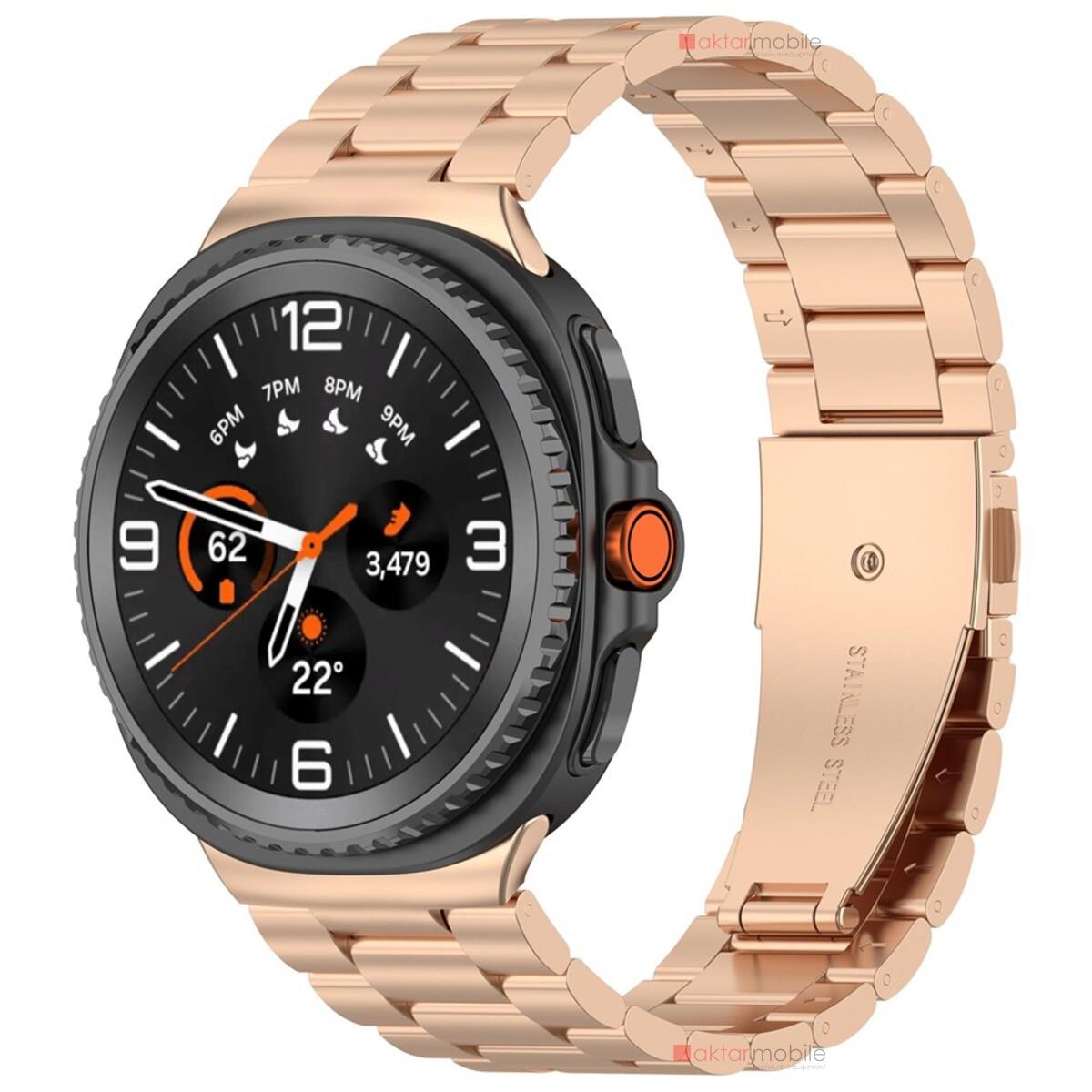 Galaxy Watch Classic 46 mm Uyumlu Metal Kordon Premium Paslanmaz Çelik Kayış Baklalı Model Özel Pim Rose Gold