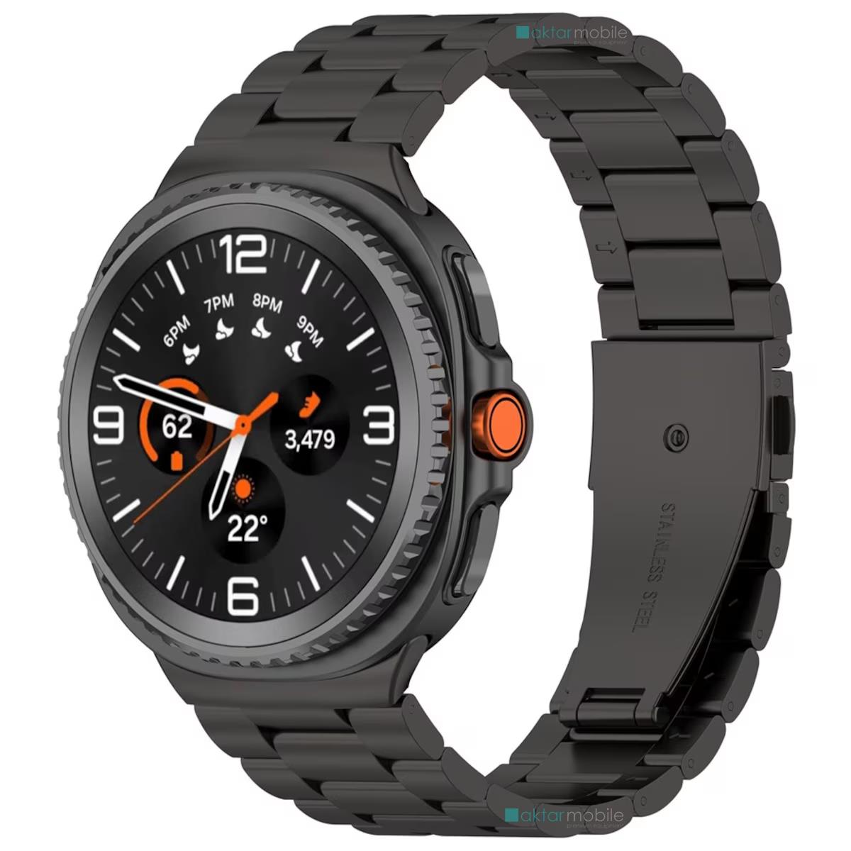 Galaxy Watch Classic 46 mm Uyumlu Metal Kordon Premium Paslanmaz Çelik Kayış Baklalı Model Özel Pim Siyah