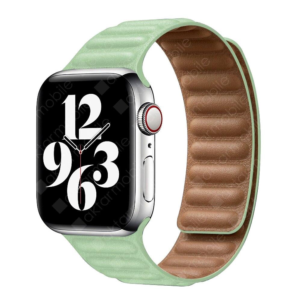 Apple Watch 7 6 SE 5 4 3 2 1 - 38 / 40 / 41 mm uyumlu Baklalı Model Deri Kayış Mıknatıslı Kordon Su Yeşili