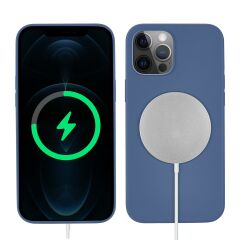 iPhone 13 Pro Max Kılıf MagSafe Özellikli İçi Kadife Silikon Kapak Mavi