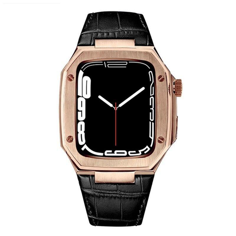 Apple Watch 5 44 mm uyumlu Modifikasyon Kiti Hublot Tasarım Paslanmaz Çelik Kasa & Deri Kordon Siyah - Rose Gold