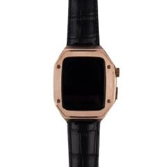 Apple Watch 5 44 mm uyumlu Modifikasyon Kiti Hublot Tasarım Paslanmaz Çelik Kasa & Deri Kordon Siyah - Rose Gold
