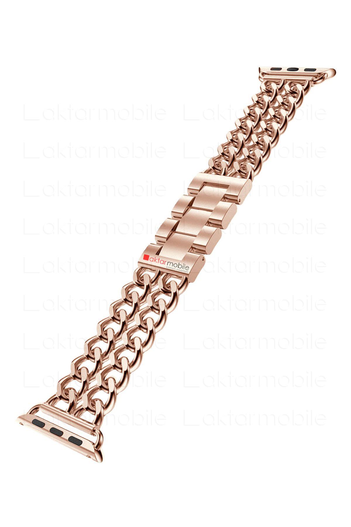 Apple Watch 7 6 SE 5 4 3 2 1 - 42 / 44 / 45 mm uyumlu Zincirli Metal Kordon Zincir Tasarım Kayış Rose Gold