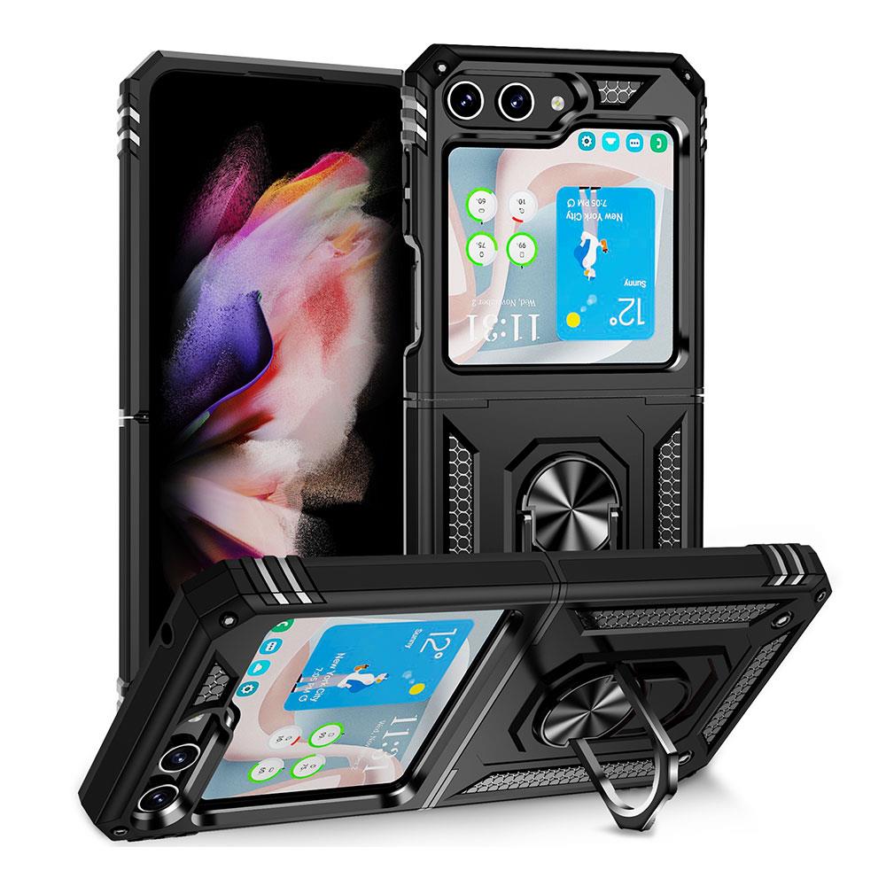 Samsung Galaxy Z Flip 5 Kılıf Metal Yüzüklü Armor Military Tank Kapak Tam Uyumlu Üstün Koruma Siyah