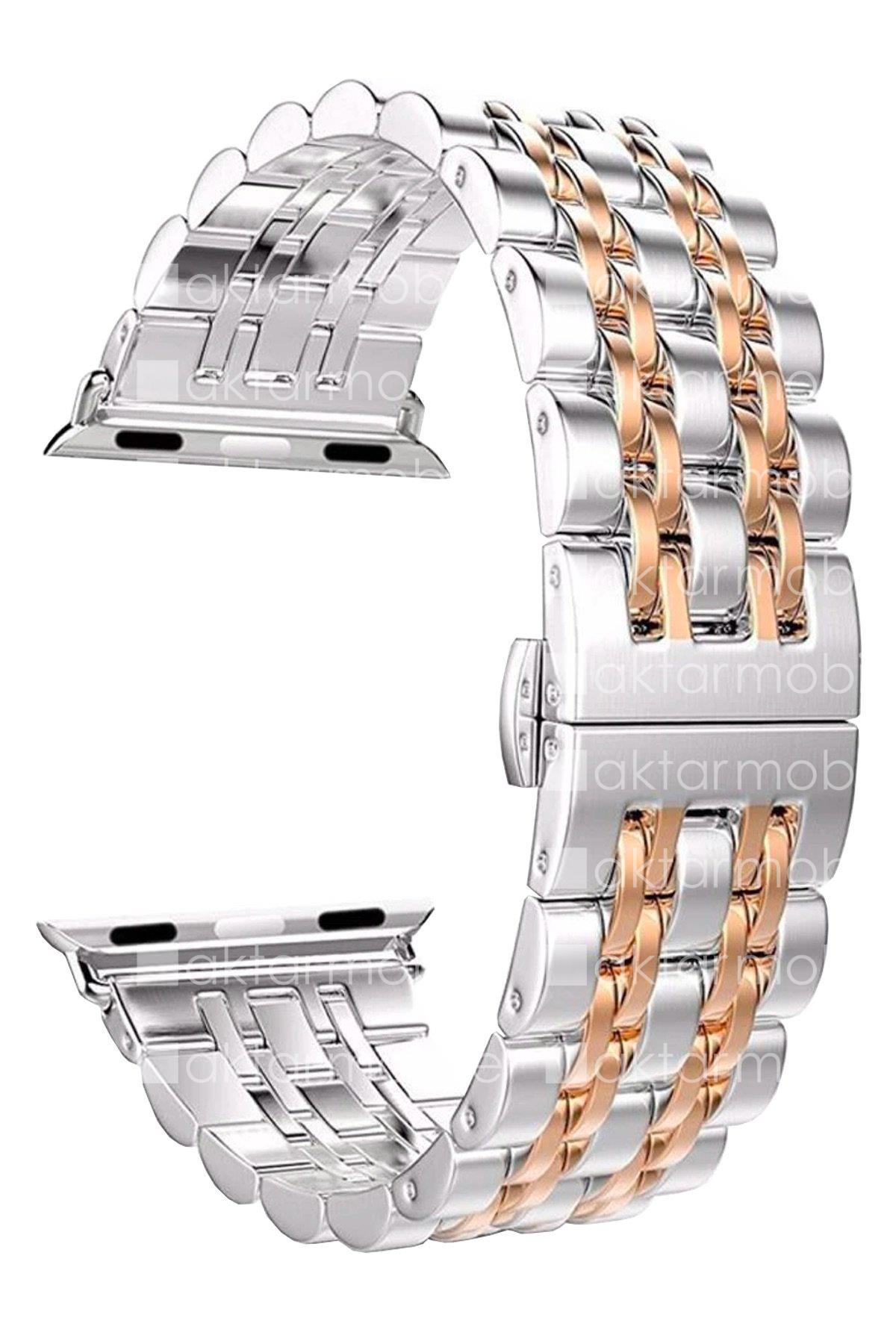 Apple Watch 7 6 SE 5 4 3 2 1 - 38 / 40 / 41 mm uyumlu Metal Kordon Premium Paslanmaz Çelik Kayış Rose Gold