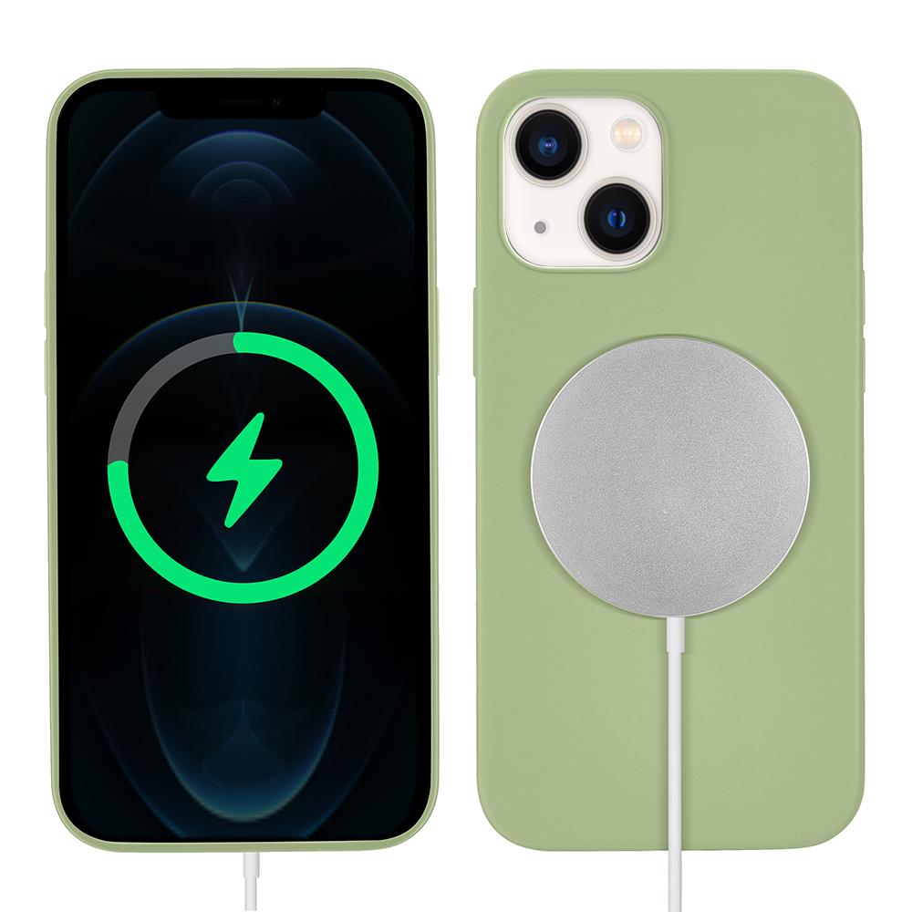 iPhone 13 Kılıf MagSafe Özellikli İçi Kadife Silikon Kapak Açık Yeşil