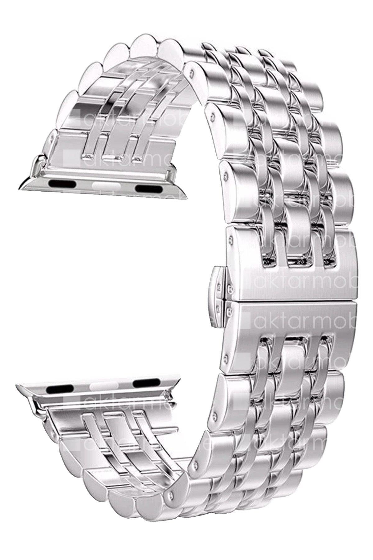 Apple Watch 7 6 SE 5 4 3 2 1 - 38 / 40 / 41 mm uyumlu Metal Kordon Premium Paslanmaz Çelik Kayış Gümüş