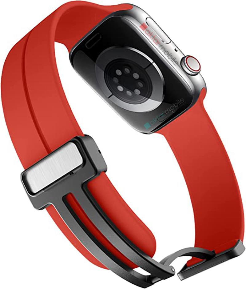 Apple Watch 6 SE 5 4 3 2 1 - 44 / 42 mm uyumlu Silikon Kordon Magnetik D Tokalı Spor Tarzı Kayış Kırmızı