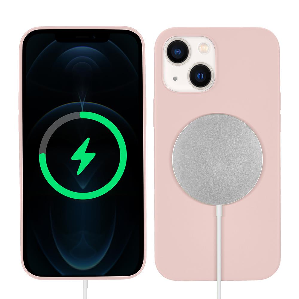 iPhone 13 Kılıf MagSafe Özellikli İçi Kadife Silikon Kapak Pudra