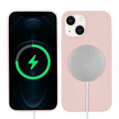 iPhone 13 Kılıf MagSafe Özellikli İçi Kadife Silikon Kapak Pudra