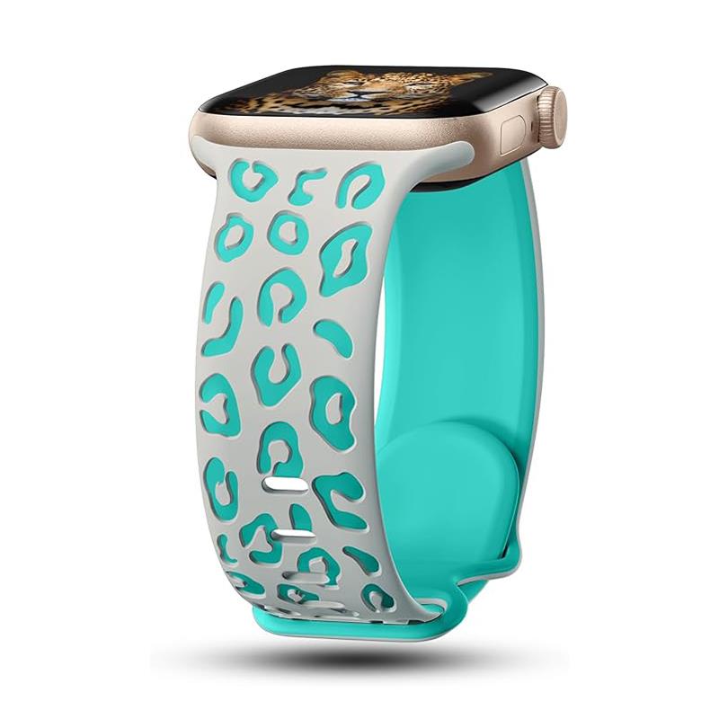 Apple Watch 7 8 9 45 mm Uyumlu Silikon Kordon Leopar Desenli Renkli Tasarım Kayış Gri - Yeşil