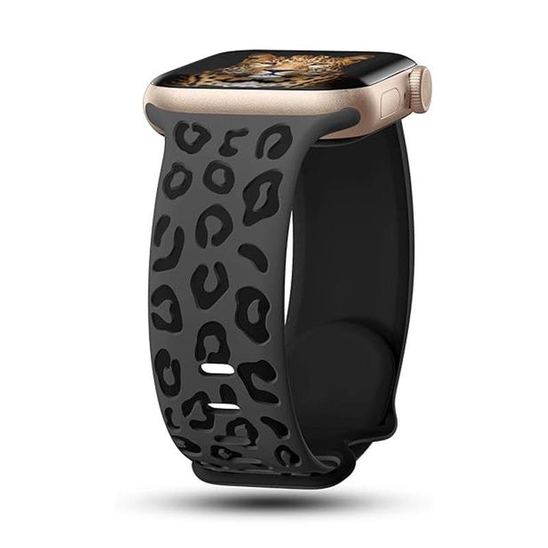 Apple Watch 7 8 9 45 mm Uyumlu Silikon Kordon Leopar Desenli Renkli Tasarım Kayış Siyah