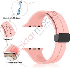 Apple Watch 6 SE 5 4 3 2 1 - 44 / 42 mm uyumlu Silikon Kordon Magnetik D Tokalı Spor Tarzı Kayış Rose Pembe