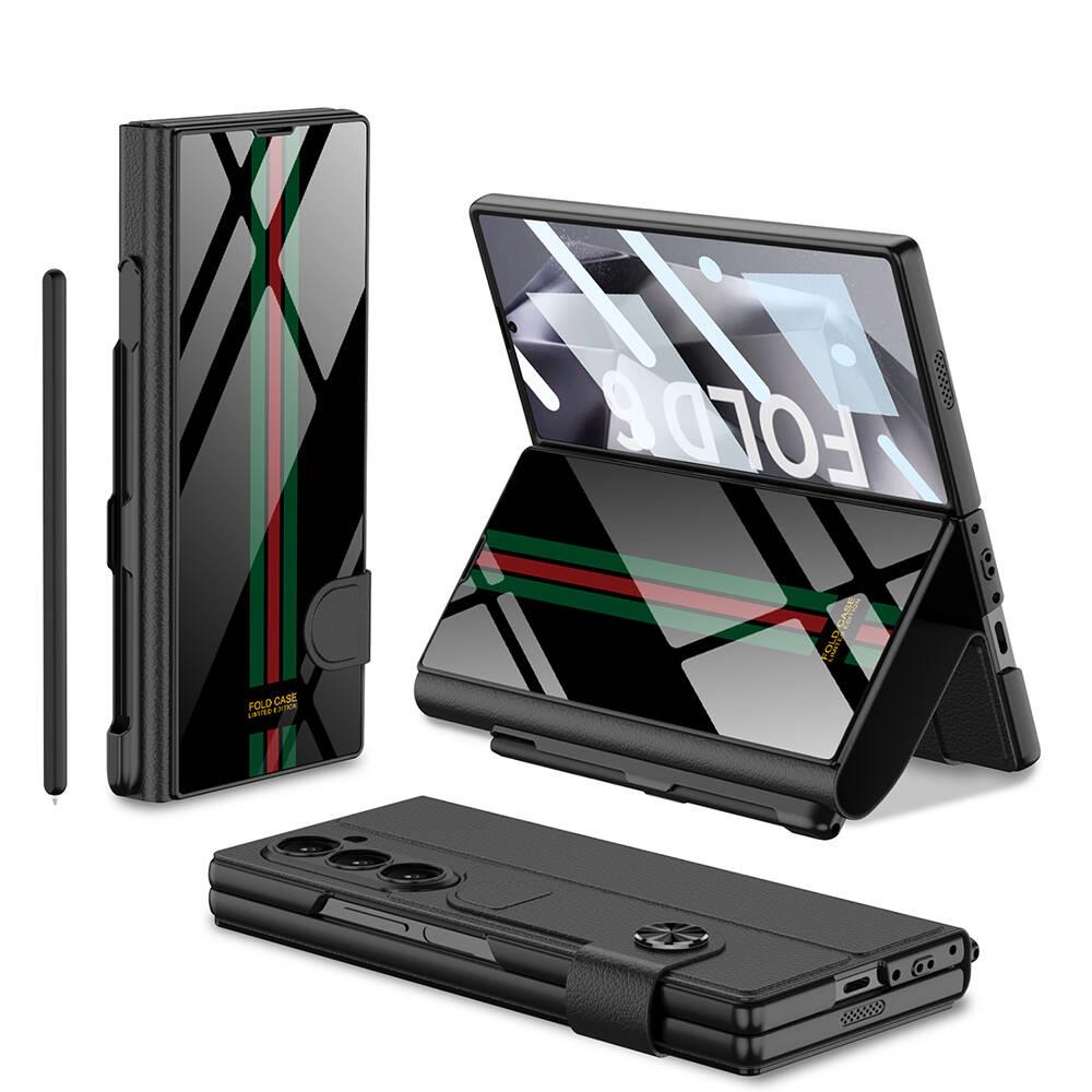Samsung Galaxy Z Fold 6 uyumlu Kalem Bölmeli Kapaklı Cüzdan Kılıf Standlı Kartlıklı Kapak Yeşil - Kırmızı