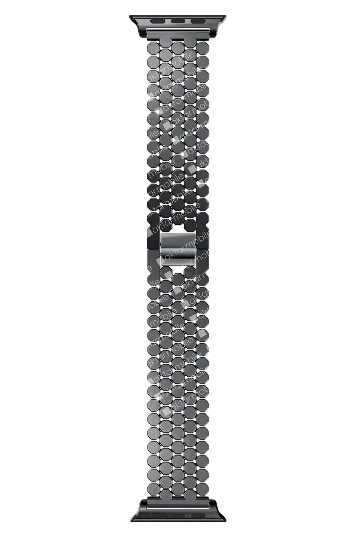 Apple Watch 7 6 SE 5 4 3 2 1 - 38 / 40 / 41 mm uyumlu Metal Kordon Hegzagonal Tasarım Premium Kayış Siyah