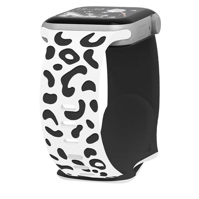 Apple Watch 6 5 4 3 2 1 SE 42 44 mm Uyumlu Silikon Kordon Leopar Desenli Renkli Tasarım Kayış Beyaz - Siyah