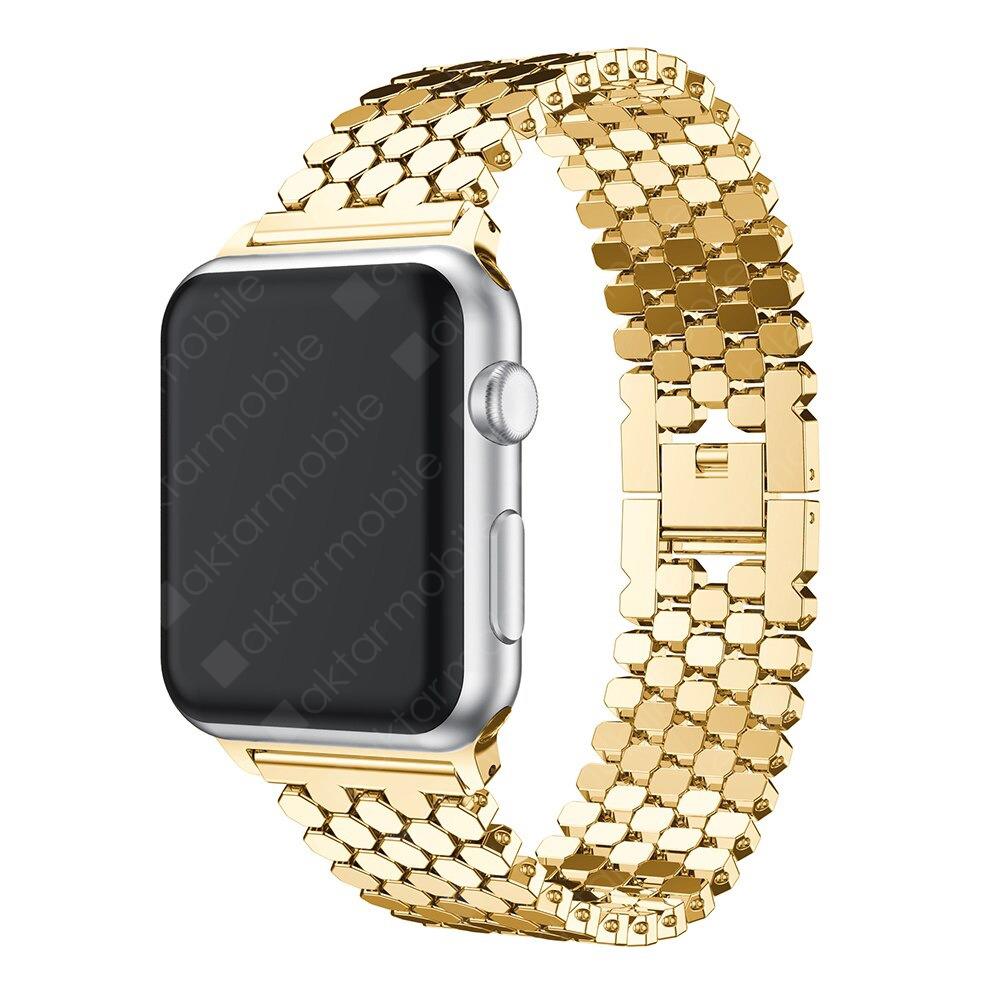 Apple Watch 7 6 SE 5 4 3 2 1 - 42 / 44 / 45 mm uyumlu Metal Kordon Hegzagonal Tasarım Premium Kayış Gümüş