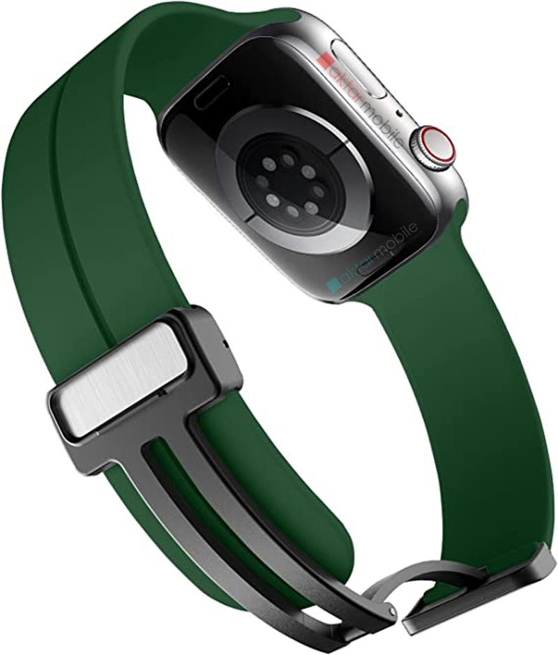 Apple Watch 7 8 45 mm uyumlu Silikon Kordon Magnetik D Tokalı Spor Kayış Mıknatıslı Toka Koyu Yeşil