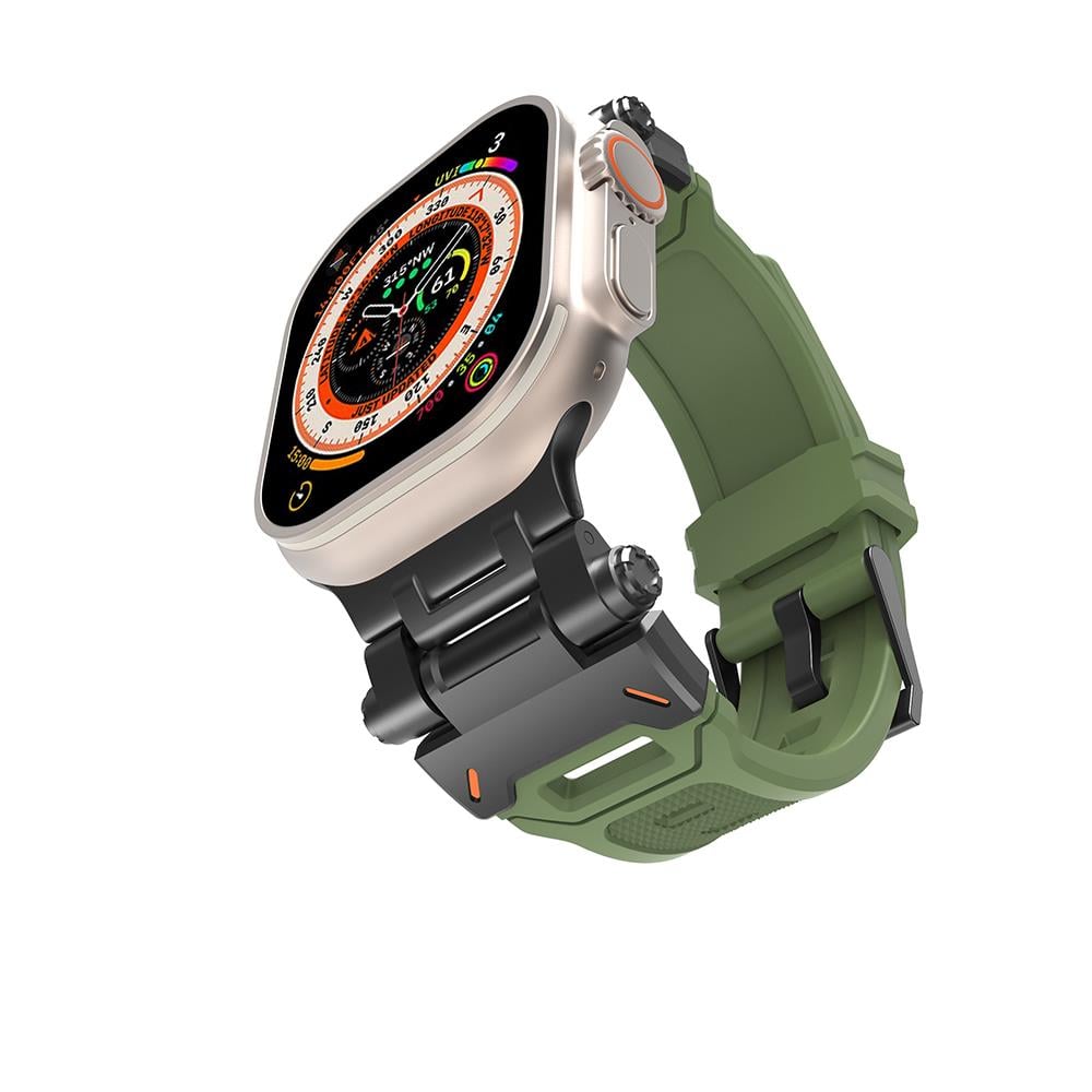 Apple Watch Ultra / Ultra 2 49 mm uyumlu Metal Aksamlı Silikon Kordon Premium Kayış Siyah - Yeşil