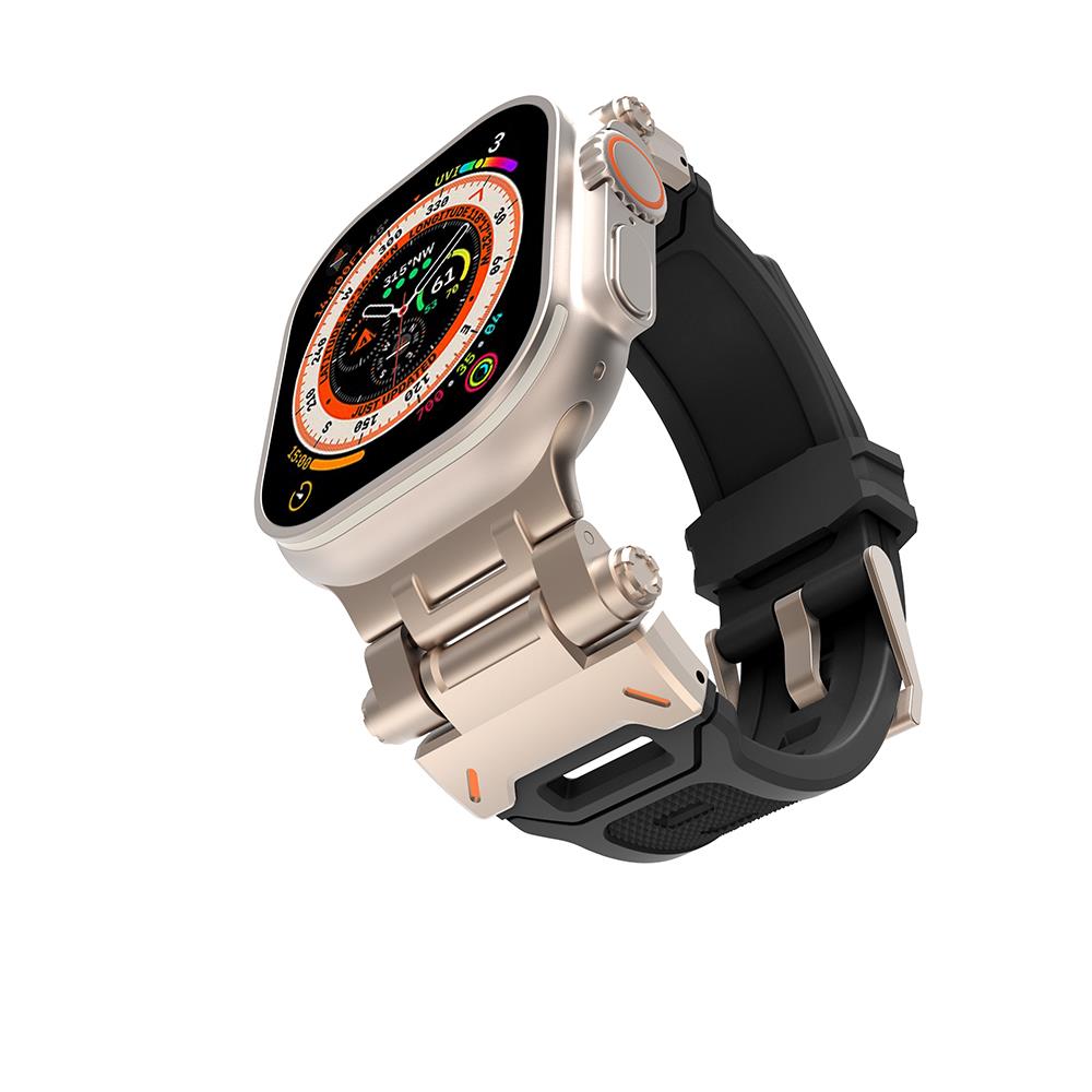 Apple Watch Ultra / Ultra 2 49 mm uyumlu Metal Aksamlı Silikon Kordon Premium Kayış Starlight - Siyah