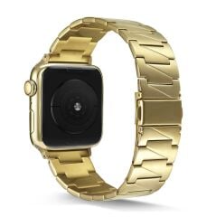 Apple Watch 10 42 mm uyumlu Metal Kordon Geometrik Tasarım Paslanmaz Çelik Kayış Gold