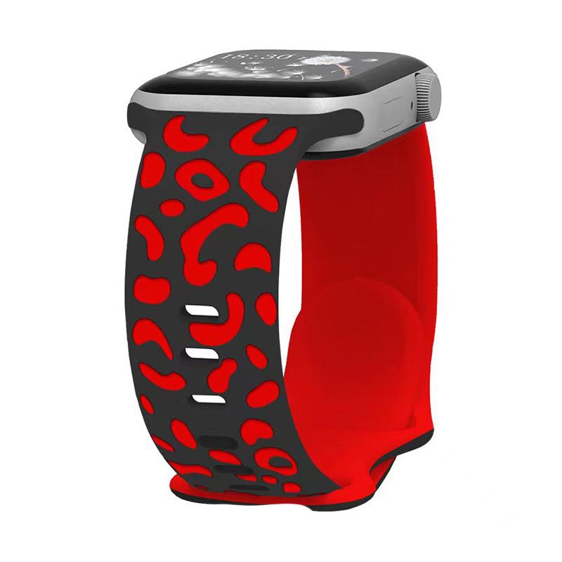 Apple Watch 10 42 mm Uyumlu Silikon Kordon Leopar Desenli Renkli Tasarım Kayış Siyah - Kırmızı