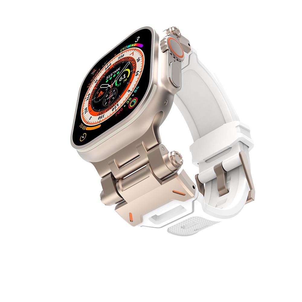 Apple Watch Ultra / Ultra 2 49 mm uyumlu Metal Aksamlı Silikon Kordon Premium Kayış Starlight - Beyaz
