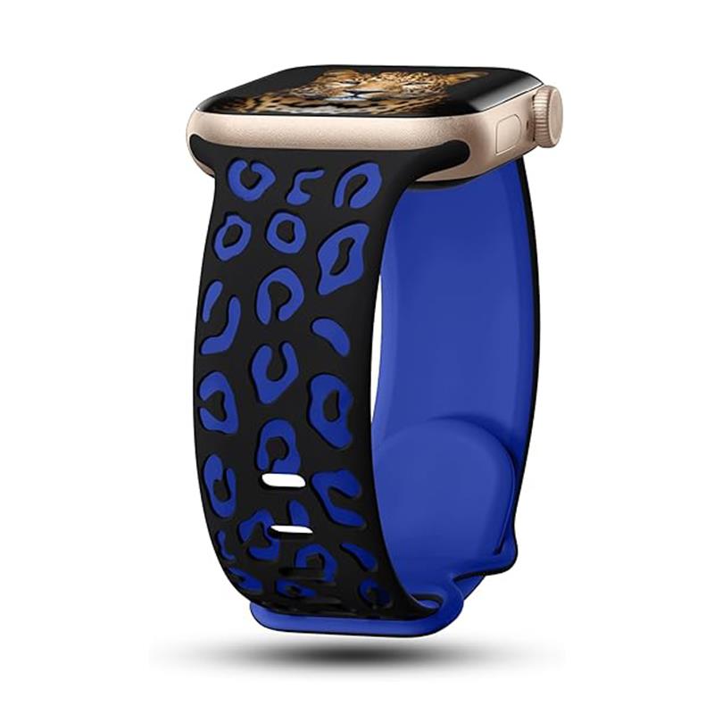 Apple Watch 10 42 mm Uyumlu Silikon Kordon Leopar Desenli Renkli Tasarım Kayış Siyah - Lacivert