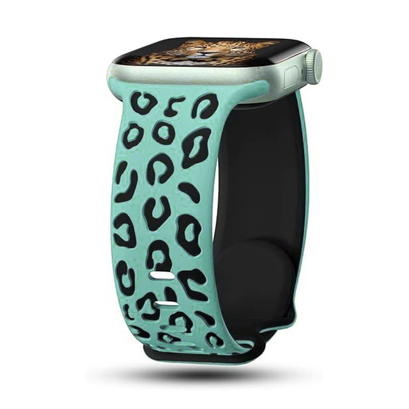 Apple Watch 10 42 mm Uyumlu Silikon Kordon Leopar Desenli Renkli Tasarım Kayış Yeşil - Siyah