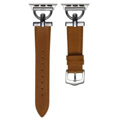 Apple Watch 10 42 mm uyumlu Deri Kordon Metal Bağlantılı Şık Tasarım Kayış Kahverengi