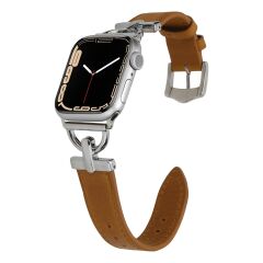 Apple Watch 10 42 mm uyumlu Deri Kordon Metal Bağlantılı Şık Tasarım Kayış Kahverengi