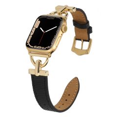 Apple Watch 10 42 mm uyumlu Deri Kordon Metal Bağlantılı Şık Tasarım Kayış Siyah - Gold