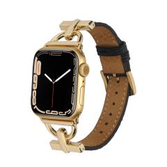 Apple Watch 10 42 mm uyumlu Deri Kordon Metal Bağlantılı Şık Tasarım Kayış Siyah - Gold