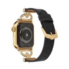 Apple Watch 10 42 mm uyumlu Deri Kordon Metal Bağlantılı Şık Tasarım Kayış Siyah - Gold