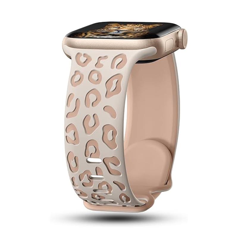 Apple Watch 7 8 9 41 mm Uyumlu Silikon Kordon Leopar Desenli Renkli Tasarım Kayış Starlight - Bej
