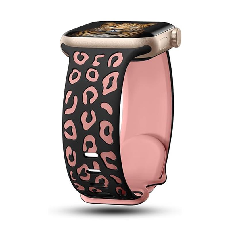 Apple Watch 6 5 4 3 2 1 SE 38 40 mm Uyumlu Silikon Kordon Leopar Desenli Renkli Tasarım Kayış Siyah - Pembe