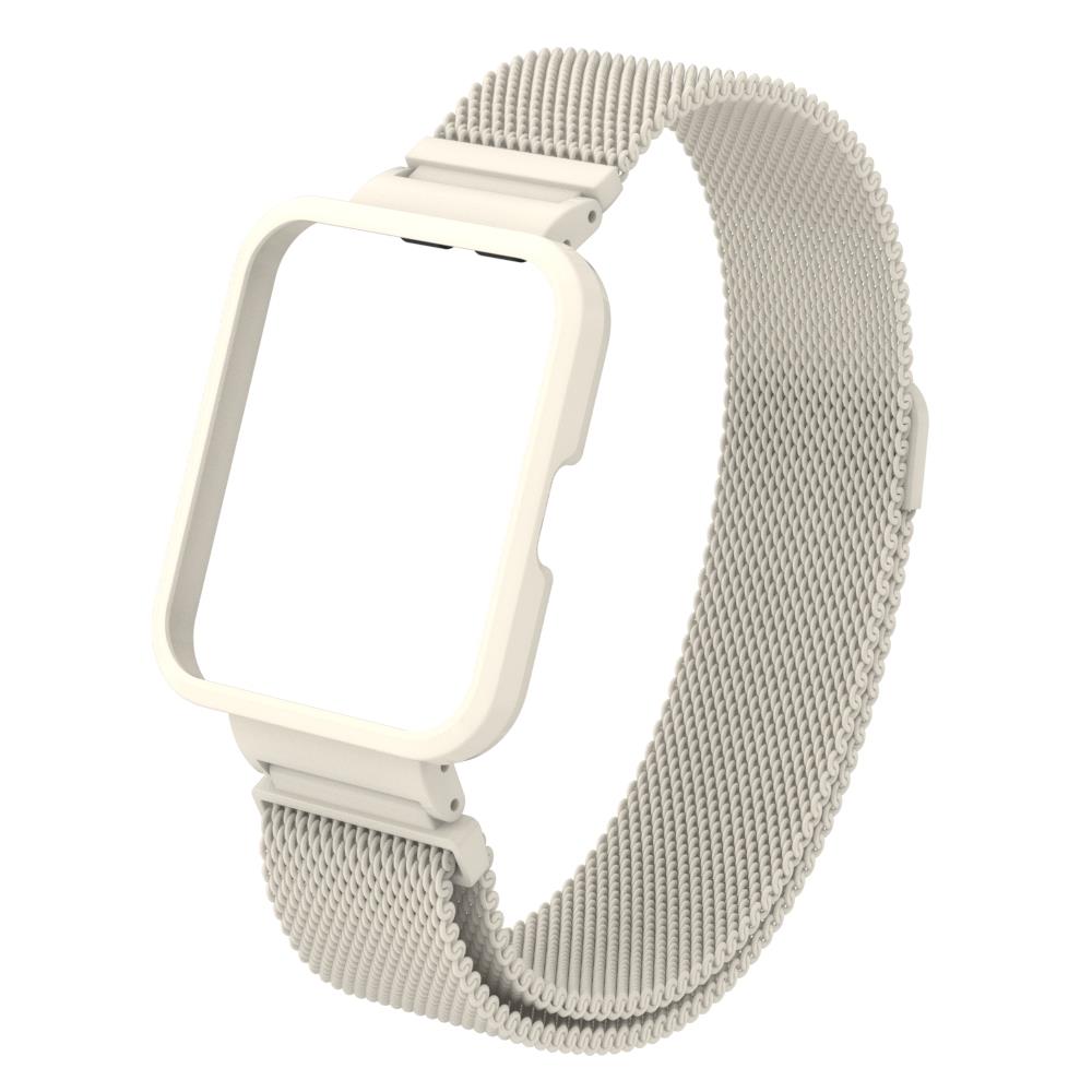 Redmi Watch 2 Lite uyumlu Mıknatıslı Hasır Metal Kordon & Kasa Koruma 2 in 1 Tel Örgü Kayış Krem
