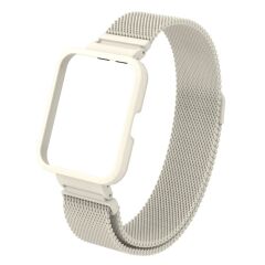 Redmi Watch 2 Lite uyumlu Mıknatıslı Hasır Metal Kordon & Kasa Koruma 2 in 1 Tel Örgü Kayış Krem