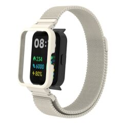 Redmi Watch 2 Lite uyumlu Mıknatıslı Hasır Metal Kordon & Kasa Koruma 2 in 1 Tel Örgü Kayış Krem