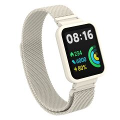 Redmi Watch 2 Lite uyumlu Mıknatıslı Hasır Metal Kordon & Kasa Koruma 2 in 1 Tel Örgü Kayış Krem