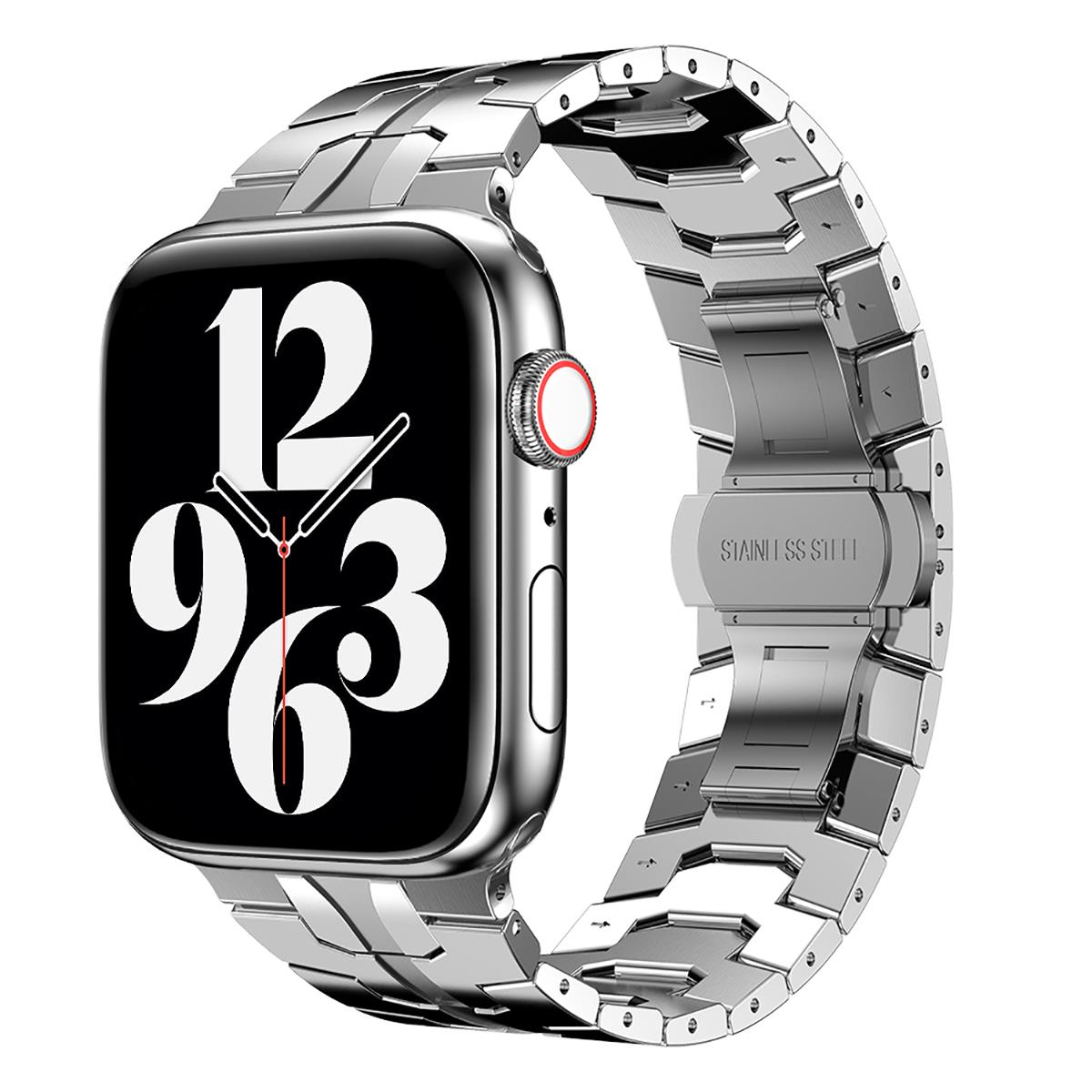 Apple Watch 7 45 mm uyumlu Metal Kordon Premium Paslanmaz Çelik Kayış Şık & Agresif Tasarım Gümüş
