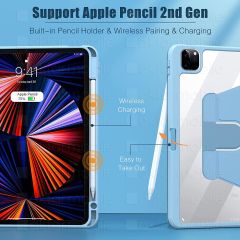 iPad Pro 11 4. Nesil 2022 M2 Uyumlu Kılıf 360° Dönebilen Kalem Bölmeli Standlı Akıllı Kapak Premium Mavi